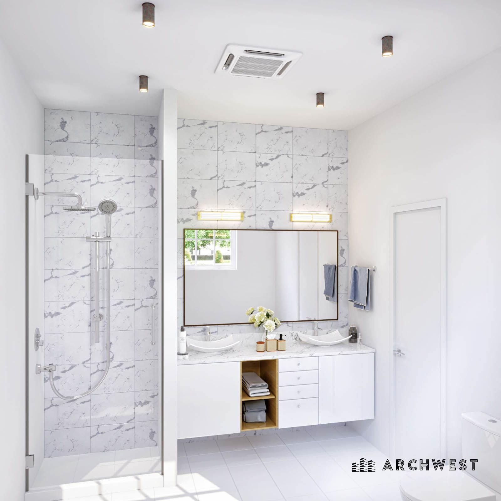 12. 3D Rendering of White Theme Bathroom, New York, USA